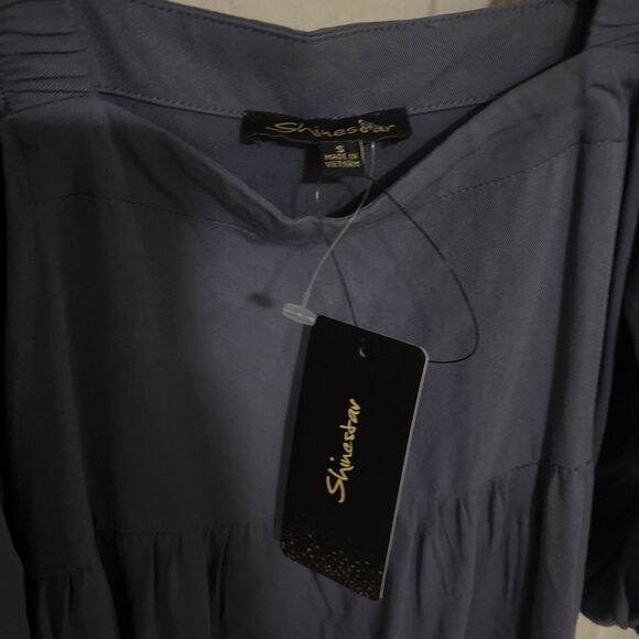 Shinestar Blue Dress Size Small Off Shoulder Boho Peasant NWT - Picture 5 of 5